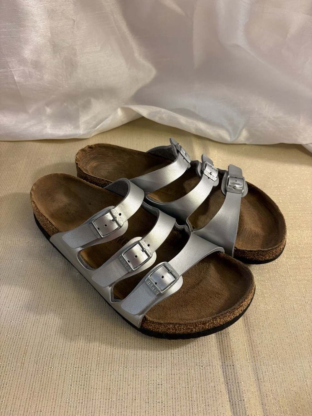 Birkenstock Florida Metallic Silver Birko-Flor Three Strap Sandals